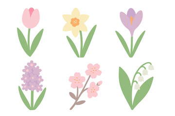 Six stylized spring blooming flowers collection on white background