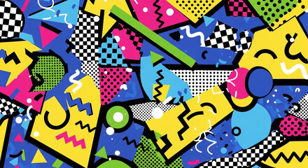 Dynamic and bold 90s style seamless pattern featuring geometric shapes, vibrant colors, and a playful aesthetic, perfect for adding a retro vibe