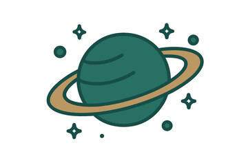 Stylized ringed planet icon with surrounding stars and decorative dots