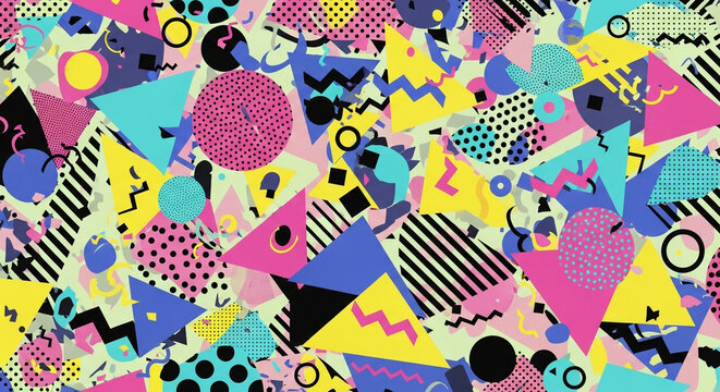Vibrant and energetic 80s style seamless pattern featuring geometric shapes, bold colors, and a retro aesthetic, perfect for adding a playful touch - Powered by Adobe