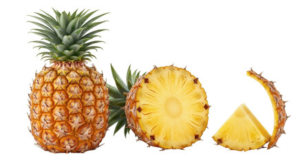 Isolated pineapple fruit, ripe whole and sliced exotic fruits still life, healthy food
