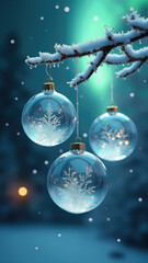 Transparent ice Christmas ornaments gracefully coming to life and elegantly dancing on crystal branches under northern lights. A festive card for Christmas and New Year.
