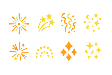 Orange and yellow celebration and sparkle icons set