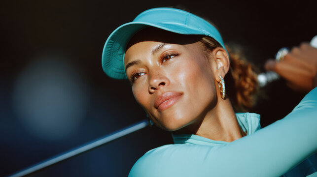 Woman golfer holding golf club on sunny day