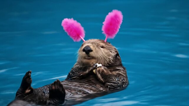 Funny Sea Otter Wearing Pink Bunny Ears Eating Food