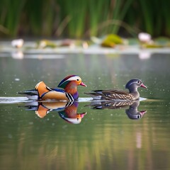 Mandarin Ducks Swimming Peacefully in a Serene Pond.