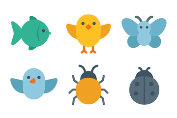 Six colorful flat design icons of small animals and insects