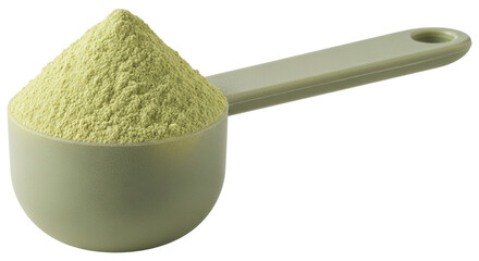 Isolated scoop of green powder dietary supplement against a clean backdrop, offering health benefits
