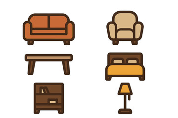 Collection of simple icons depicting essential living room and bedroom furniture pieces