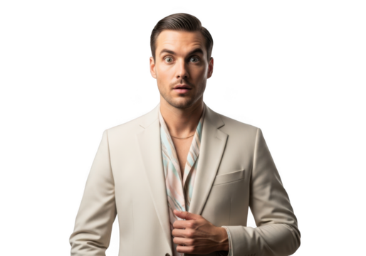 Surprised man in suit portrait photo, shocked expression, handsome male model, fashionable, isolated on transparent background - Powered by Adobe