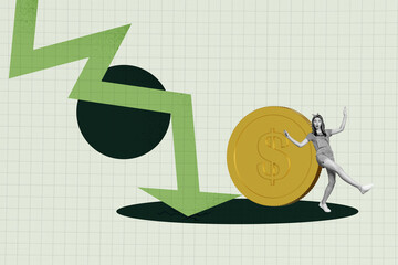 Exclusive vertical photo collage of inexperienced businessman businesswoman stand arrow decline dollar coin loss regress