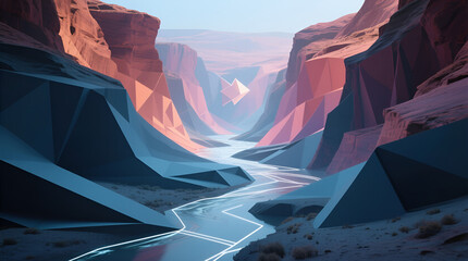 Low‑poly red canyon with neon river lines and floating crystal at sunrise