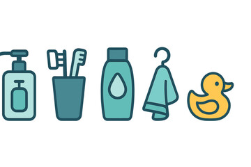 Colorful icons representing bath and hygiene products for personal care