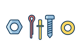 Collection of mechanical fasteners including nut, cotter pin, dowel pin, screw, and washer