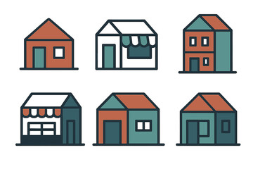 Colorful simple house and storefront icons in outline style