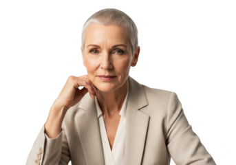 Professional mature woman portrait in beige suit posing thoughtfully business concept stock photo image isolated on transparent background