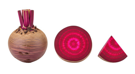 Isolated raw beet with cut slices, healthy root vegetable, sweet and earthy flavor