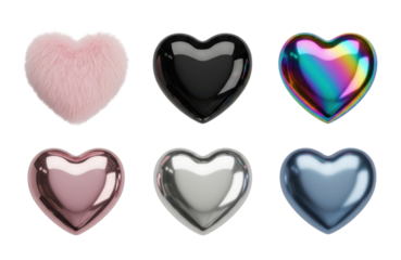 Collection of six heart shapes in various materials and colors, isolated on transparent background
