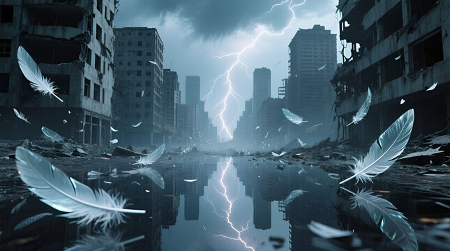 Stormy destroyed city street with lightning reflection and drifting feathers