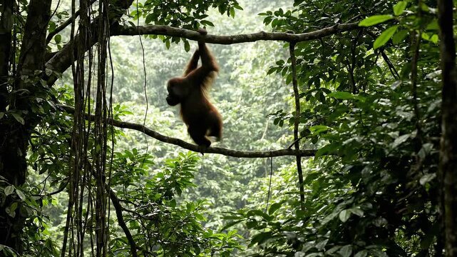 Orangutan hanging from branch in dense rainforest habitat