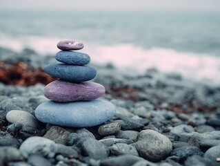 Blue and Purple Meditation Rock Stack on Gray Pebble Beach, Symbolizing Balance and Harmony