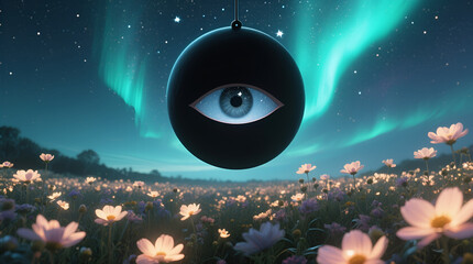Cosmic eye sphere above glowing flower field under aurora sky