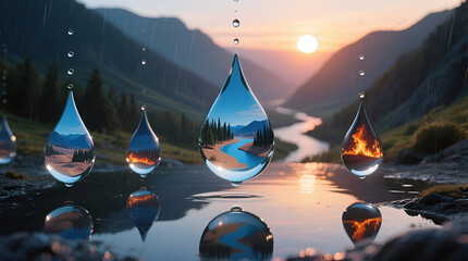 Raindrops reflecting miniature landscapes with rivers and fire at sunset
