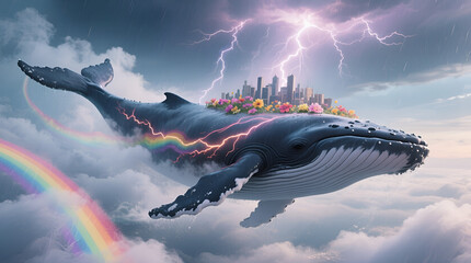 Flying whale carrying city on its back through storm clouds and rainbow light
