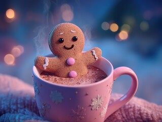 Gingerbread Man in Hot Chocolate Mug, Christmas Drink Vector Illustration
