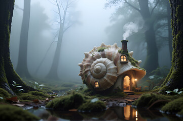 Fantasy snail shell house glowing warmly in a misty enchanted forest