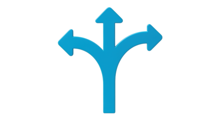 Isolated blue directional arrow symbol for guidance choice, strategy, uncertainty or options