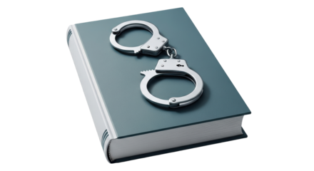 Isolated book of law with handcuffs for arrest or crime concept, justice or court case