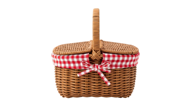 Isolated Wicker Picnic Basket with Lid and Handle decorated with Gingham and tied in a Bow