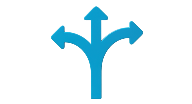 Isolated blue directional arrow symbol for guidance choice, strategy, uncertainty or options