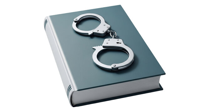 Isolated book of law with handcuffs for arrest or crime concept, justice or court case