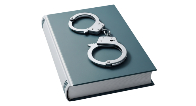 Isolated book of law with handcuffs for arrest or crime concept, justice or court case - Powered by Adobe