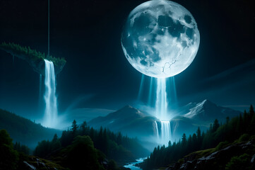 Surreal cracked moon pouring waterfalls over mountains in a dark night sky