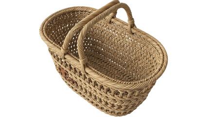 Isolated wicker basket with handles, light brown, handmade from natural materials