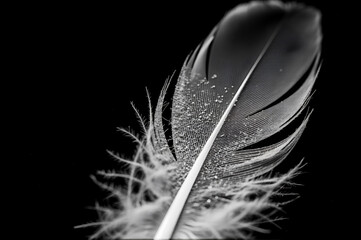Close-up macro of a delicate feather with dew drops on a black background