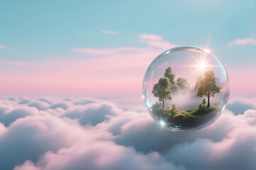 Floating glass sphere containing miniature forest above dreamy pink clouds