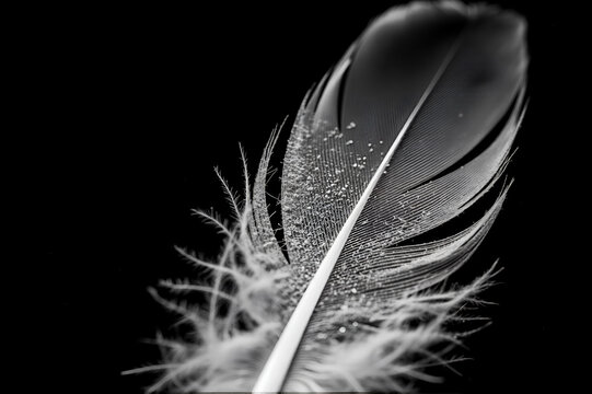 Close-up macro of a delicate feather with dew drops on a black background
