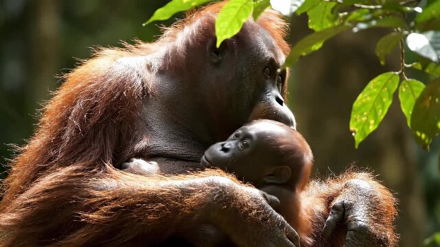 Orangutan mother holding baby with gentle affection