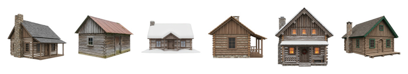 Log cabin set including rustic, weathered, cozy, and winter designs isolated. Architectural elements for design and digital art.