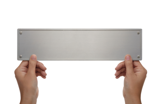 Hands holding a blank silver plate for text or message . Isolated on transparent background, png