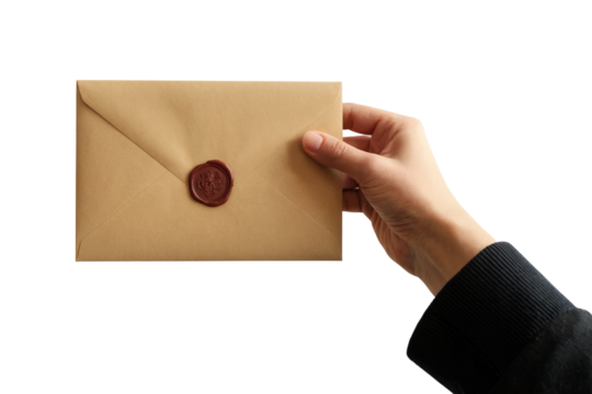  hand delicately holding a sealed envelope. Isolated on transparent background, png