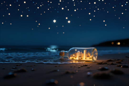Miniature glowing city trapped inside glass bottle on night beach under starry sky