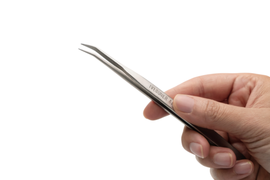  hand holding a stainless steel tweezers . Isolated on transparent background, png