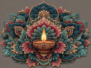 Diwali festival of lights Indian mandala flower oil lamp cartoon vector illustration