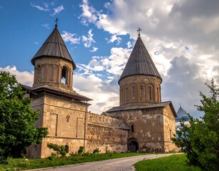 Ancient orthodox monastery under dramatic cloudy sky