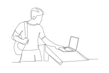 Man looking at laptop in store. Exploring laptops in store concept one-line drawing